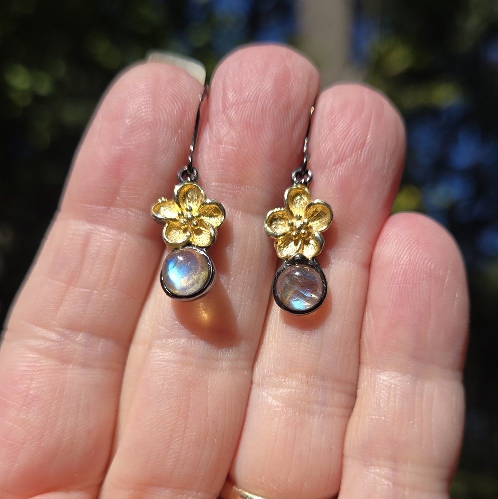 Laboradorite 1k Natural Sterling Rhodium & Gold Cherry Blossom Earrings - Picture 6 of 10